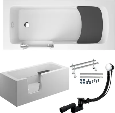 A bathtub and its accessories are displayed against a white background.