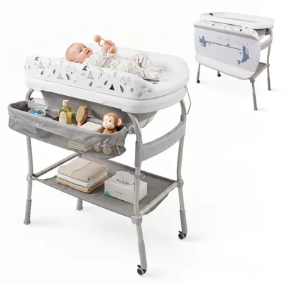 Produktbild von Mobiclinic Kids, 2 in 1 Wickeltisch mit Badewanne, Trendy, 4-fach höhenverstellbar, Thermometer, Räder mit Bremse, Ablagekorb, Bis 50 kg, 0-36 Monate