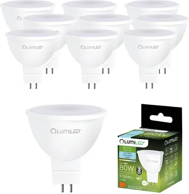 A collection of white LED light bulbs and a product box.