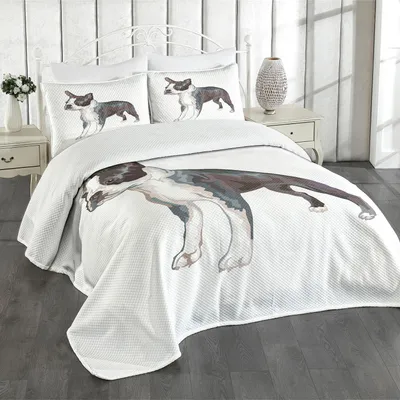Produktbild von ABAKUHAUS Boston Terrier Tagesdecke Set, Porträt des stehenden Hunde-realistischen Illustrations-Digital-Farbeffektes, 220 x 220 cm, Mehrfarbig