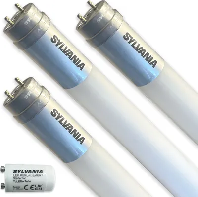 Three Sylvania LED T8 tubes and one starter are arranged diagonally against a white background.