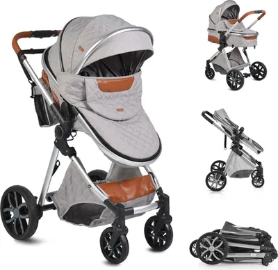 A collage of images showing a baby stroller in different configurations and angles.
