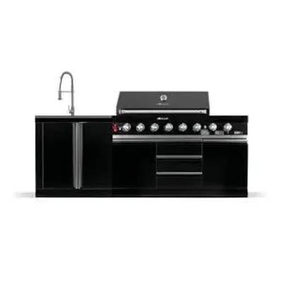 A black outdoor kitchen unit with a gas grill and sink, presented on a white background.