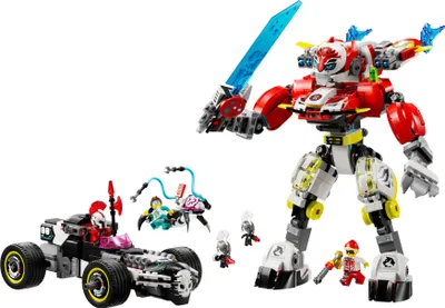 Produktbild von LEGO DREAMZzz Coopers Tiger-Mech und Zero's Hot Rod Auto, Spielzeugauto für Kinder, Geschenk für Jungen und Mädchen ab 9 Jahren, 2-in-1 Spielset mit Mech und Minifiguren 71497