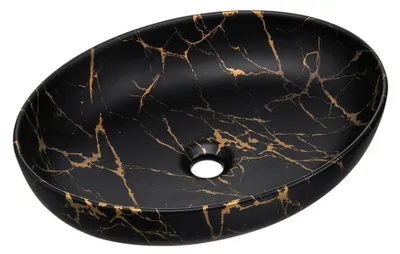 Immagine prodotto di Lavabo da appoggio ovale 52x39,5 cm nero e dorato effetto marmo in Vetroceramica