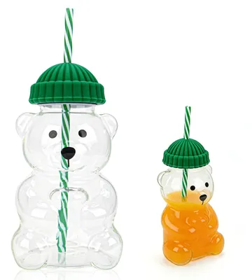 Trinkglas Bär 600 ml mit Deckel und Strohhalm, Glasbecher