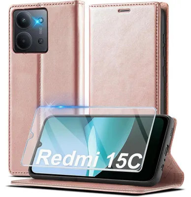 Immagine prodotto di Custodia a libro per Xiaomi Redmi 15C 4G/5G, con pellicola protettiva, portafoglio, scomparti per carte, funzione stand, colore rosa