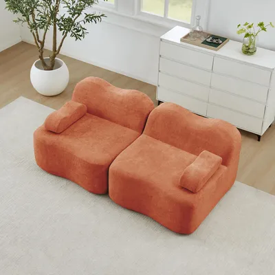 Produktbild von MODFU 2-Sitzer Sofa,Ecksofa mit Armlehnenkissen und Tiefe Sitzkissen,Zweisitzer Sofa mit Wellenform,ohne Ottoman,Schlafsofa mit Rahmenlose,Samt,Orange