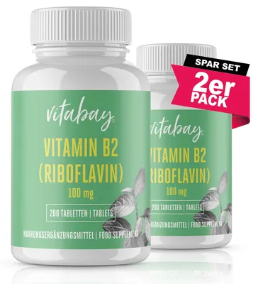 Produktbild von Vitabay Vitamin B2 (Riboflavin) | 400 vegane Tabletten (2er Set) | Hochdosiert mit 100 mg | Labor & hergestellt aus hochwertigen Rohstoffen