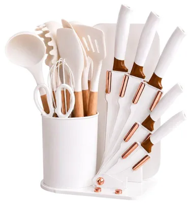 Produktbild von Verk 07512 Küchenhelfer- und Messer-Set in Ständer, 19 Teile, weiß