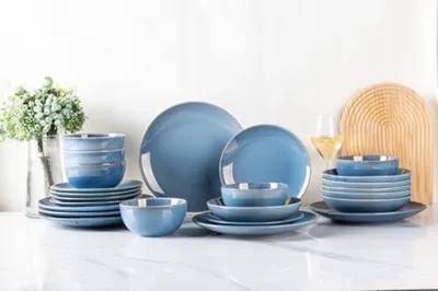 Productafbeelding van PromoHome® keramische serviesset, 24-delig - Geschikt voor de vaatwasser en magnetron, blauw