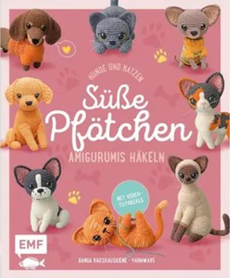 A collage of crocheted dog and cat toys on a pink background.