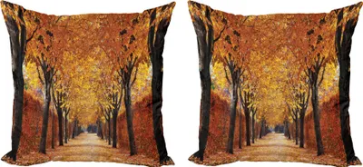 Produktbild von ABAKUHAUS Herbst Kissenbezug Set (2Stück), Pathway in The Woods, 40 x 40 cm, Orange