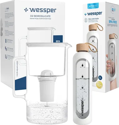 Zdjęcie produktu dla Dzbanek Wessper AquaClassic z krystalicznego szkła z filtrem 3L + butelka ActiveMax z krystalicznego szkła z silikonowym rękawem 1L w kolorze białym