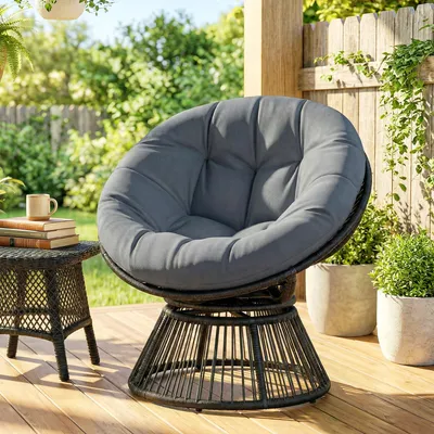 Produktbild von SUGIFT Korbsessel Loungesessel, Papasan Sessel 360° drehbar, PE-Rattan Stahl, Grau | 12,5 kg | Ø 110 cm Kissen 12 cm dick | 93x81x87 cm