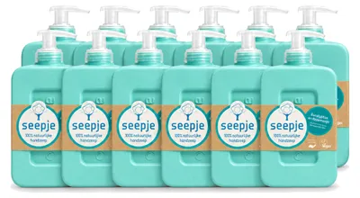 Imagen del producto de 12 unidades de jabón líquido para manos Seepje, aroma a eucalipto y romero, 300 ml por unidad. Paquete económico