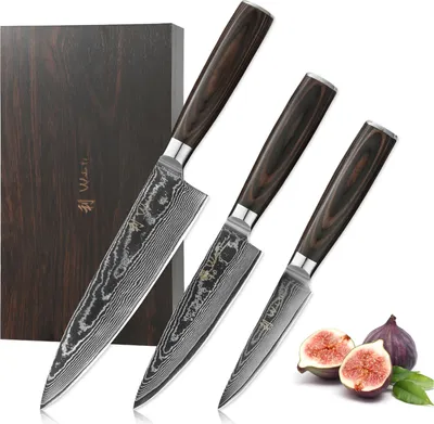 Produktbild von EDIB Essentials 3er Damastmesser-Set mit Pakkaholzgriffen - Inkl Holzbox
