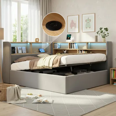 Immagine prodotto di Divano letto idraulico Flieks 140x200cm con contenitore, letto imbottito con USB e Type-c, letto da giorno letto matrimoniale letto per ragazzi con Led, velluto, grigio