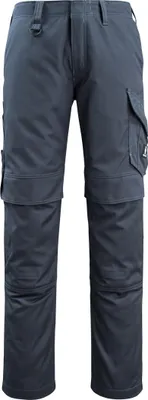 A pair of dark blue work pants shown from the front against a white background.