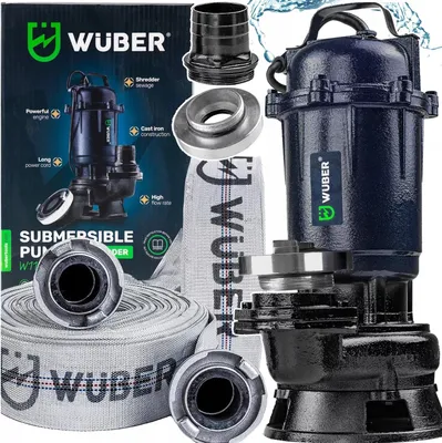 A collage of images showcasing a submersible pump and its accessories, with text highlighting product features.