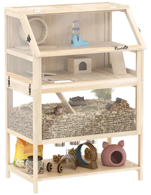 Produktbild von PawHut Hamsterkäfig aus Holz 3 Etagen 80x53x117cm Nagerkäfig mit Ablage Laufrad