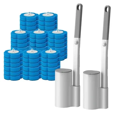 Produktbild von Einweg Toilettenbürste, 2 Stück Einweg Klobürsten mit 48 Reinigungsnachfüllungen, Schwamm, Einmal WC Bürstenpads für Waschbecken, Badezimmerreinigung, Badewanne, Boden, Blau
