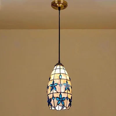 Produktbild von Chandeliers - handgemachter Lampenschirm - mit lila Blumen Muster Hängelampen - für Schlafzimmer Büro Restaurant Café Tiffany Lampe (Farbe: Blau - Größe: 12cm - 4.7in*80cm - 31.5in)