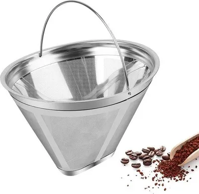 Produktbild von Durchlässiger Kaffeeentwässerungsfilter, Maß 4, Permanentfilter aus Edelstahl mit Griff für 8-12 Tassen