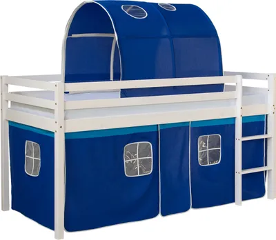 Produktbild von Homestyle4u Kinder Hochbett mit Leiter Tunnel Vorhang Blau Massivholz Kiefer Weiß 90x200 cm