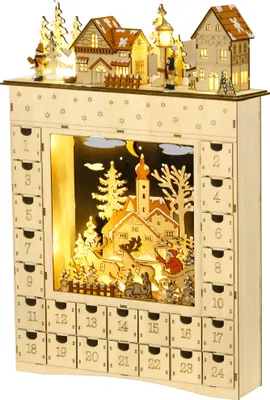 Produktbild von Weihnachtskalender mit 24 Schubladen und LED-Lichtern aus Naturholz 36x9x52 cm zum Selbstbefüllen