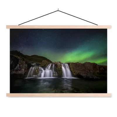 Produktbild von MuchoWow® Textilposter Nordlicht - Wasserfall - Island - Natur 120x80 cm mit holzfarbenen Rahmen - Aufhängeset