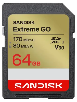 Zdjęcie produktu dla SanDisk Extreme GO, 64 GB, SDXC, UHS-I, 170 MB/s, 80 MB/s, Class 3 (U3)
