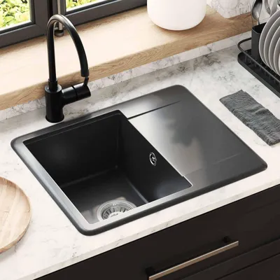 Zdjęcie produktu dla Umywalka vidaXL, 80% kwarc, 20% żywica, 560 x 460 mm, czarna