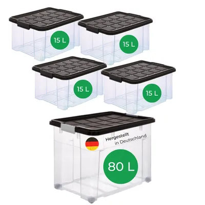Produktbild von Novaliv 5 tlg Sparset Aufbewahrungsboxen mit Deckel Anthrazit 1x80 L + 4x 15L Nestbar stapelbar Clipverschluss Rollboxen BPA-frei