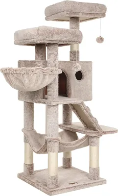 A multi-level cat tree with various platforms, hammocks, and scratching posts, presented against a white background.