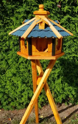 Image de Mangeoire pour oiseaux avec support bleu taille L type 9 en bois 48x33 cm NOUVEAU
