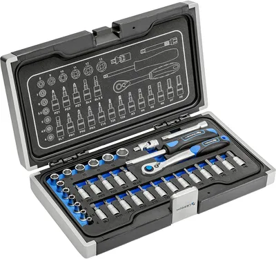 Produktbild von Högert Technik - Werkzeugset, Steckschlüssel, Bits und Ausstattung 1/4”, Legiertem Chrom-Vanadium-Stahl, Gesenkgeschmiedet, Ratschenmechanik mit 72 Sperrklinken, HT1R464 - 34-tlg
