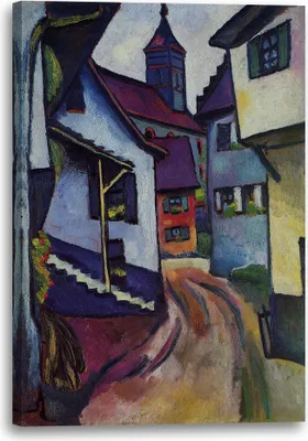 Produktbild von Leinwandbild (40x60cm): August Macke - Straße mit Kirche in Kandern, echter Holz-Keilrahmen inkl. Aufhänger, handgefertigt in Deutschland