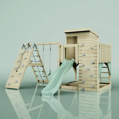 Produktbild von OutdoorToys Spielturm Freja aus Holz in Grün Mintgrün, mit Kinderschaukel
