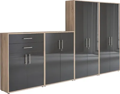 Produktbild von Aktenschrank TABOR 56 in Eiche Sonoma / anthrazit Hochglanz, Schrankwand, Büroschrank, abschließbar, Metallgriffe