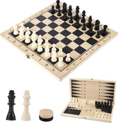 Produktbild von Schachspiel, 3 in 1 Schachbrett Holz Klappbare Hochwertig Schach Dame Backgammon, Tragbares Schachset für Kinder und Erwachsene Familie Party Reisen (29x29cm)