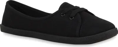 Produktbild von Mytrendshoe Sportliche Damen Ballerinas Stoff Slipper Sneaker Flats Schnürer 75305, Farbe: Schwarz, Größe: 41