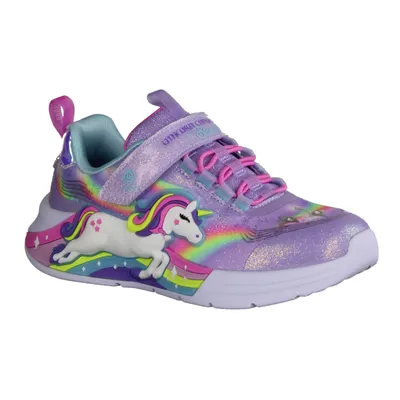 A single child's shoe with a unicorn and rainbow design.