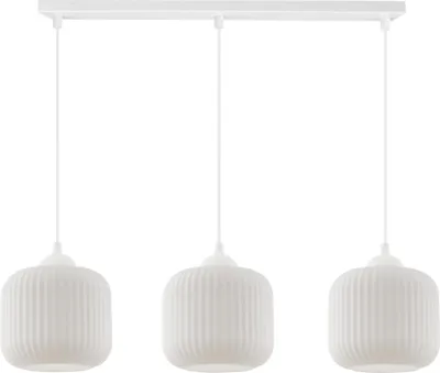 A white three-light pendant lamp with ribbed cylindrical shades is shown against a white background.
