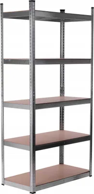 A metal shelving unit with five shelves against a white background.