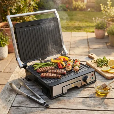 Produktbild von Leistungsstarker Kontaktgrill mit 2000W und Antihaftbeschichtung – Ideal als praktischer Tischgrill für saftige Steaks und Sandwiches