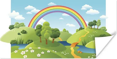 Produktbild von MuchoWow® Poster Eine Illustration einer grünen Landschaft mit einem Regenbogen 120x60 cm - Bild