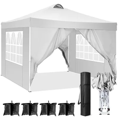 A white pop-up gazebo with side walls and accessories laid out on a white background.
