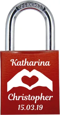 Produktbild von ELUNO Liebesschloss mit Deinem Namen, Datum und Herz aus zwei Händen graviert! Farbe: Rot Motiv: M006