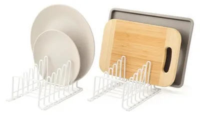 Produktbild von Unyqoos® 2er-Set weißes Tellerregal – platzsparender Küchen-Organizer für Teller, Schneidebretter & Deckel, weiß plastikbeschichteter Edelstahl, rutschfest, montagefrei